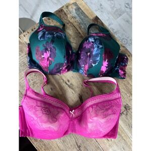 Cacique 44DD Bra Bundle 2 Pack Teal Floral Satin & Magenta Pink Lace Underwire
